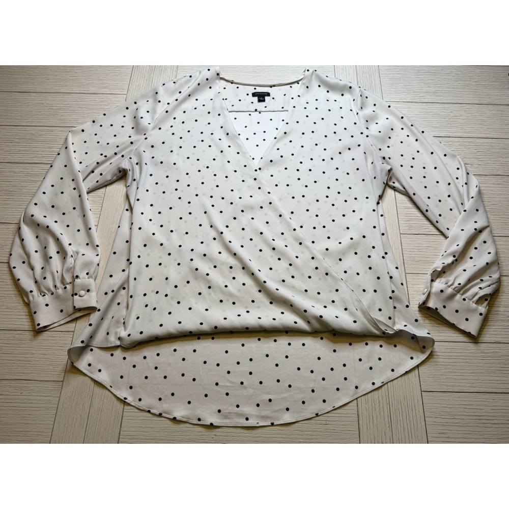 Ann Taylor Women White Black Polka Dot Long Sleeve V Neck Poly Blouse L Career